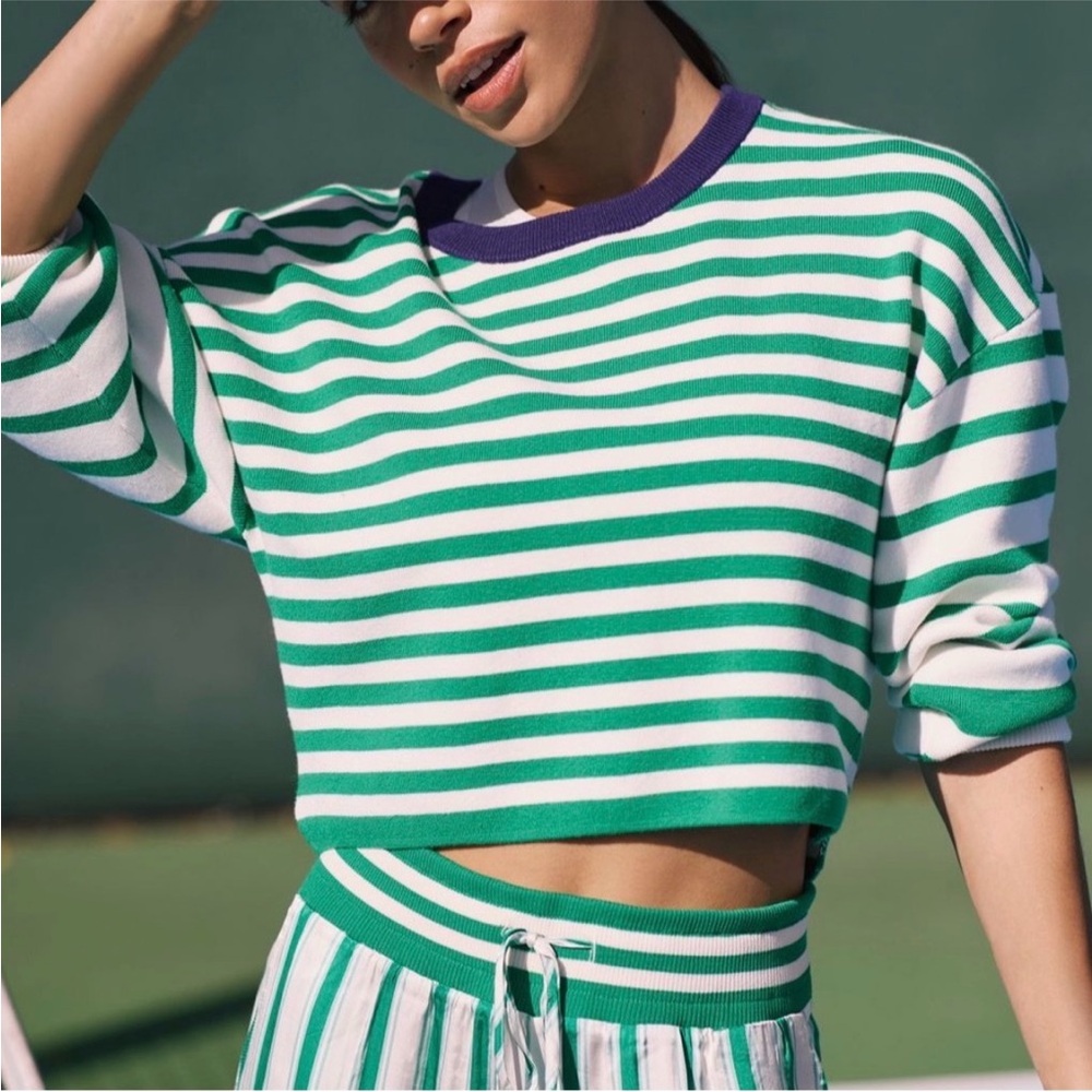 Anthropologie Daily Practice Green & White Striped Crop Sweater XS